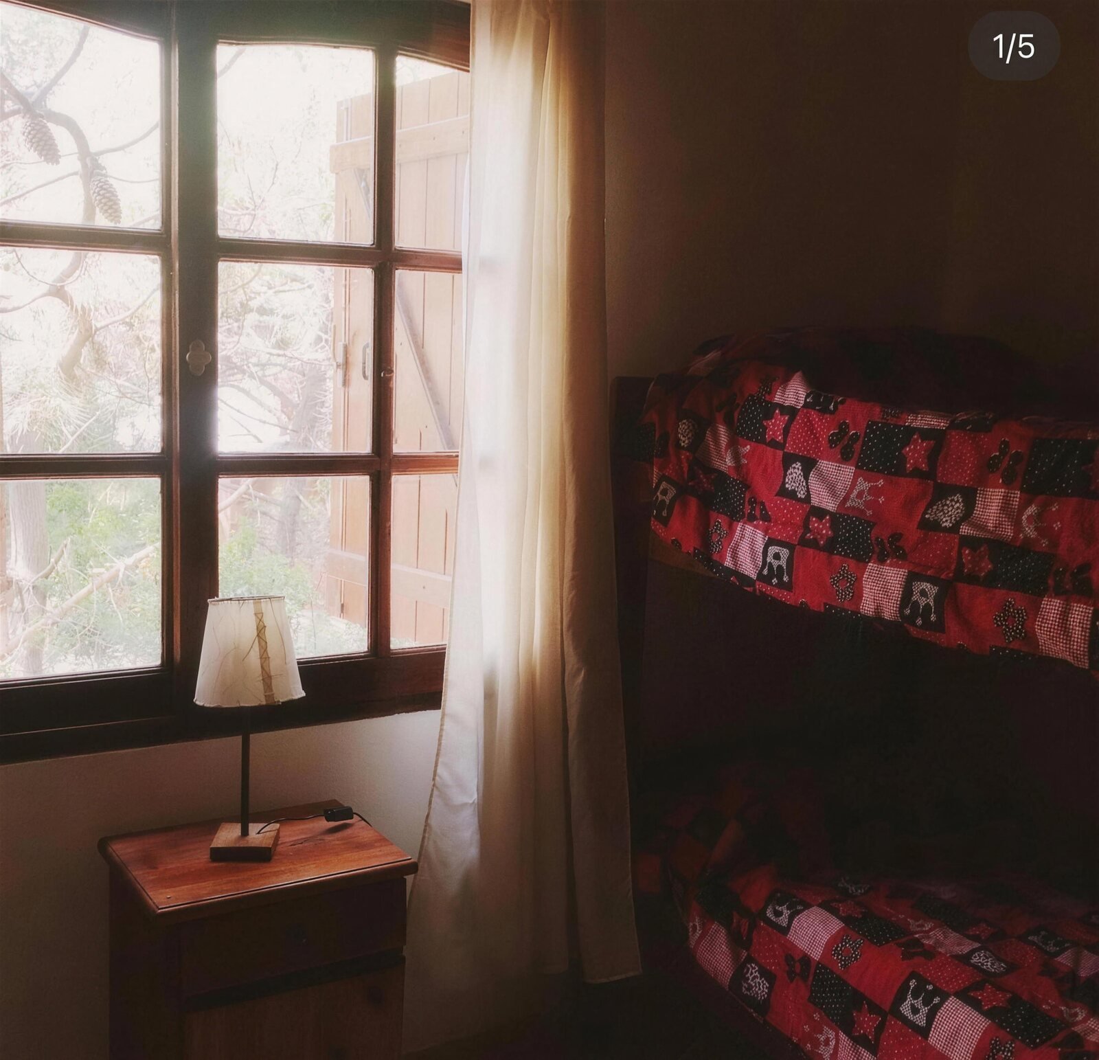 Habitación con cucheta y ventana de madera que da a los pinos