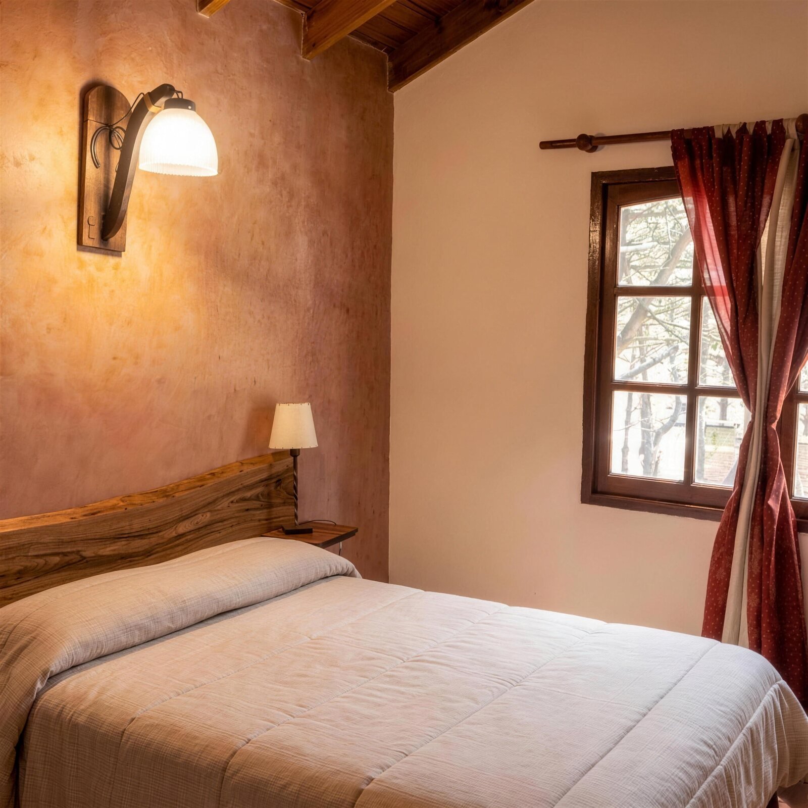 Dormitorio con cama matrimonial, respaldo de madera y ventana al bosque