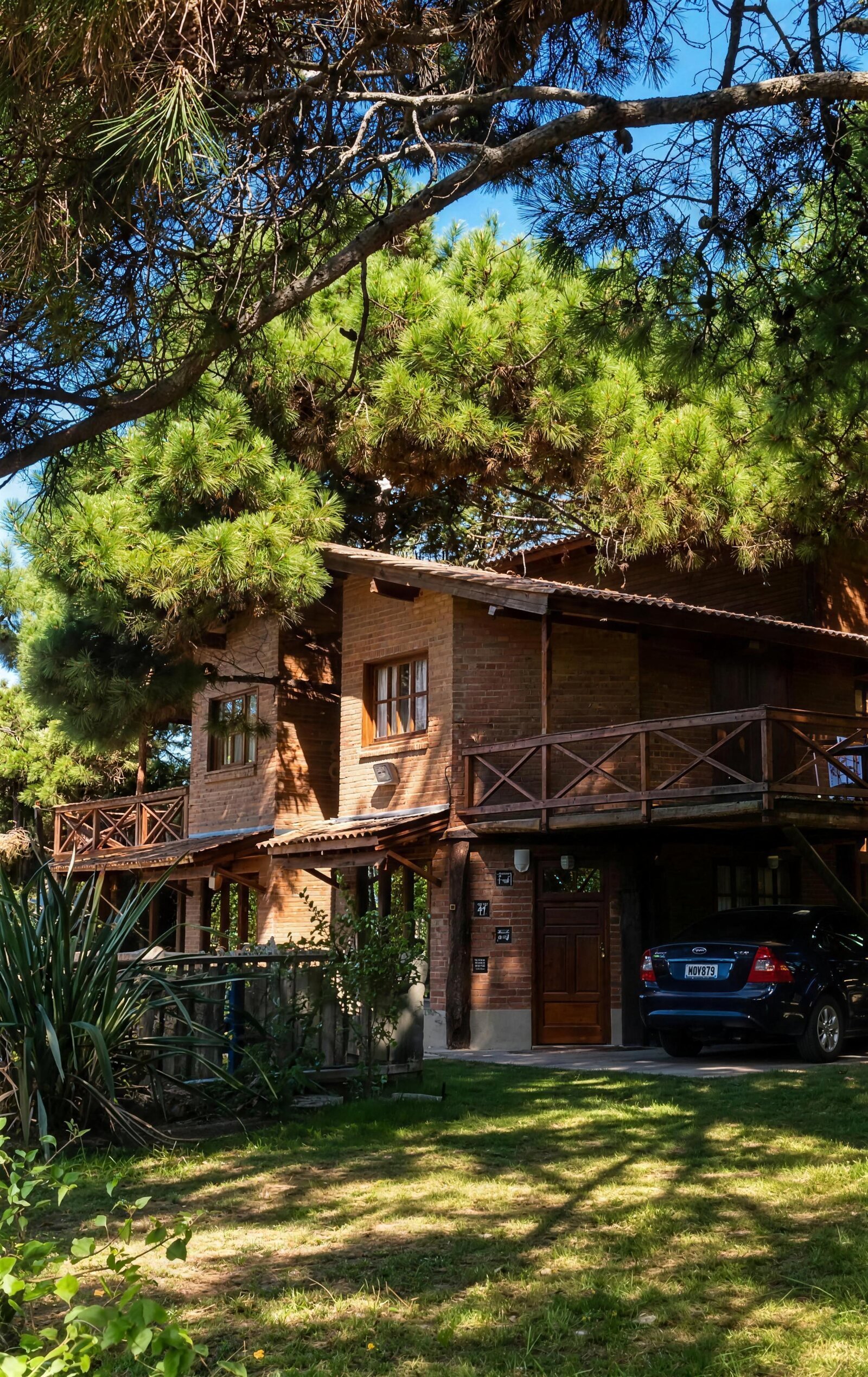 Frente del duplex de ladrillo con galería de madera y cochera cubierta, entre pinos